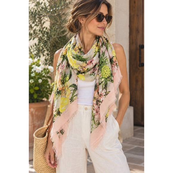 Accessories - Tropical Floral Pineapple Print Semi Sheer Square Scarf Eyelash Fringe 50x50